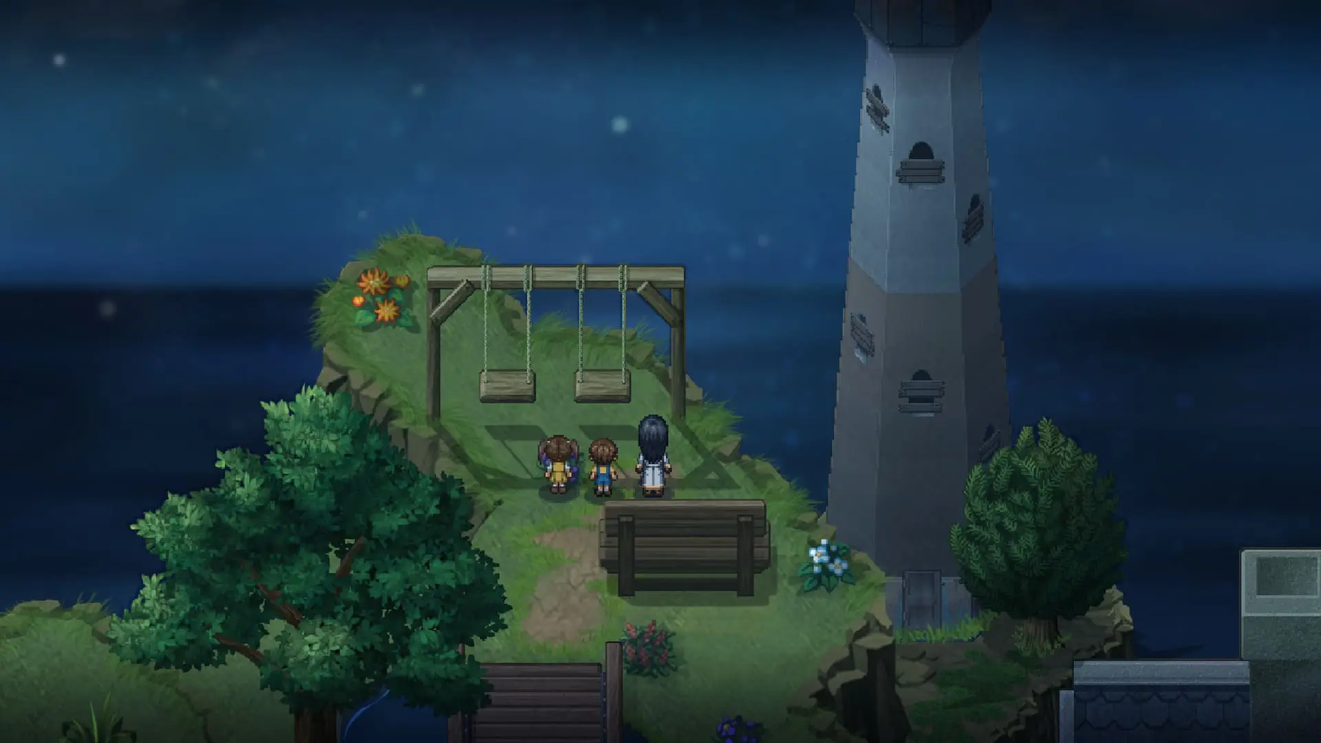 Scena z gry To the Moon: pikselowa sylwetka postaci spoglądającej w stronę nocnego nieba